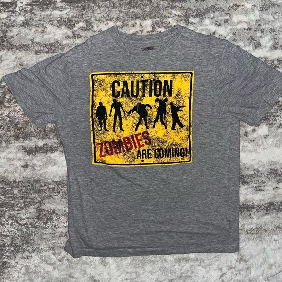 Caution Zombies Gray Graphic Tee - Picture 1 of 3